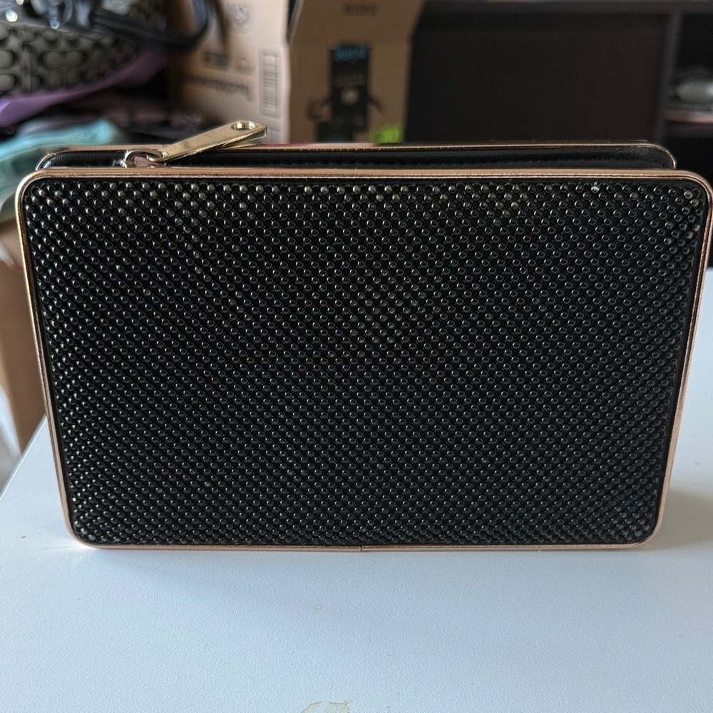 KATE LANDRY beaded clutch black and gold